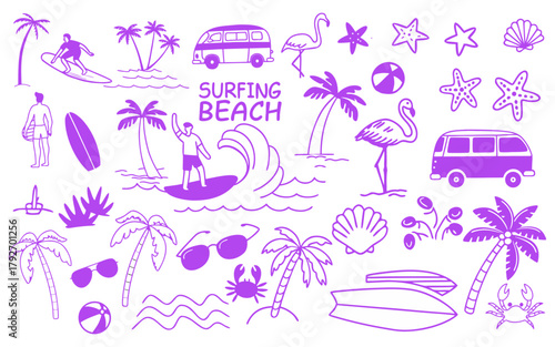 Summer beach surfing doodles set. Palm trees, surfers, vans and sea creatures, ocean waves, sunglasses, hand drawn tropical vacation icon collection.
