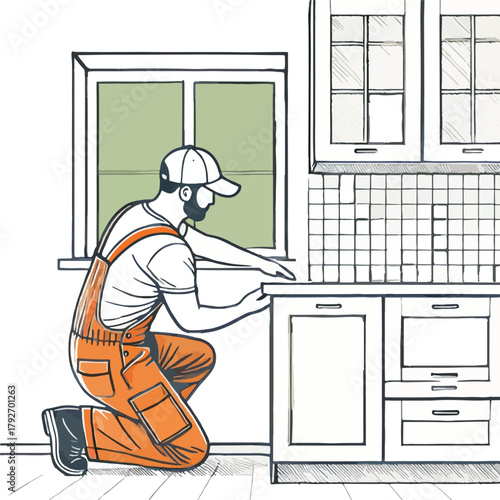 Man in orange overalls installing kitchen cabinets