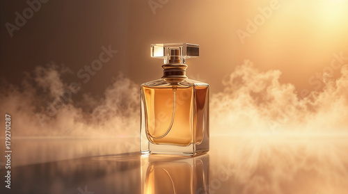 A luxurious glass perfume bottle standing on a reflective surface, surrounded by delicate wisps of mist and soft golden light.