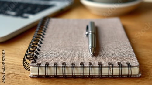 A spiral-bound notebook rests on a wooden surface, alongside a silver pen and a laptop, suggesting a workspace setting.