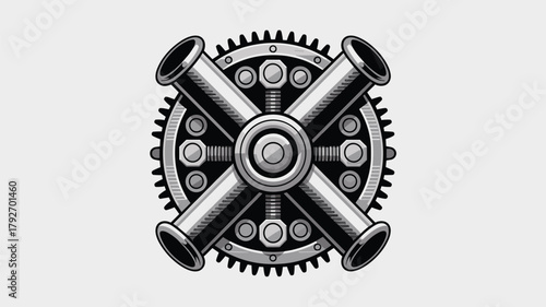 Steampunk mechanism with four tubes and gear a vintage design for technical uses