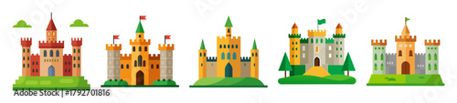 Whimsical irish castle collection on green grassy hills background