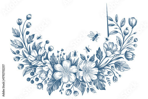 Delicate blue floral wreath with buzzing bees and tiny insects, hand-drawn botanical art