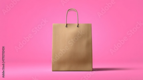 A simple, kraft paper shopping bag stands against a vibrant pink backdrop.