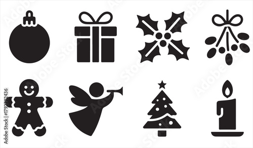 Stylized Christmas icons including tree, candle, angel, and gingerbread man
