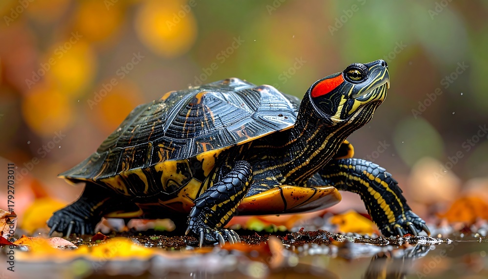 Fototapeta premium A red-eared turtle standing near water with autumn leaves