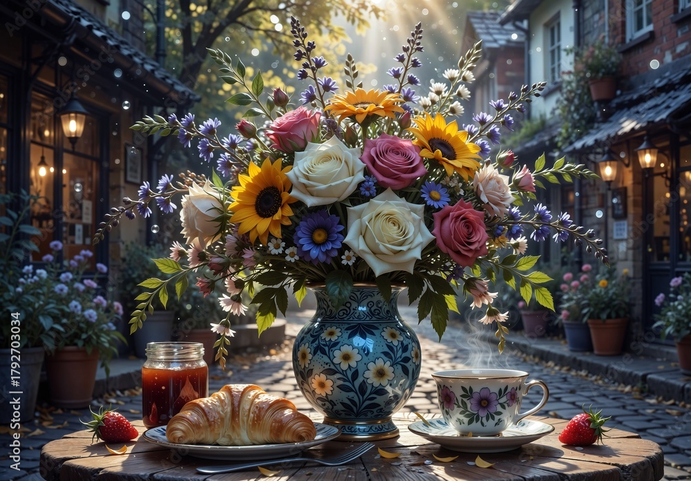 Fototapeta premium rustic breakfast with vibrant flower arrangement in charming european street scene.