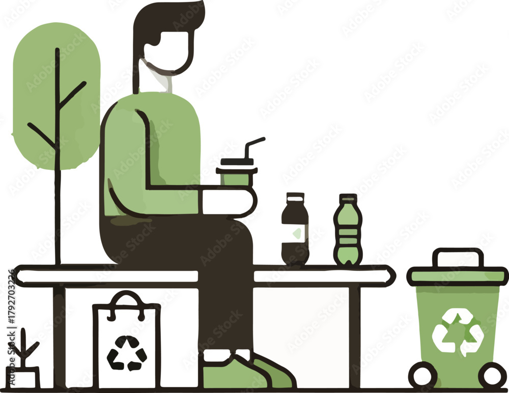 Fototapeta premium Man sitting on bench with recycling bin and bottles