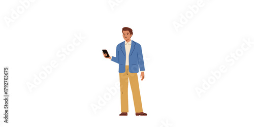 Stylish Young Man in Smart Casual Attire Engaged with His Smartphone
