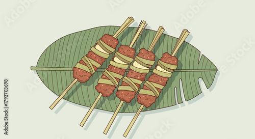 Asian Skewers Presented On A Green Banana Leaf Illustration