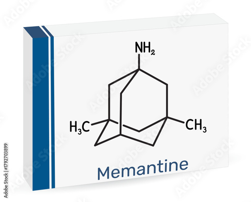 Memantine molecule, NMDA receptor antagonist. Skeletal chemical formula. Paper packaging for drugs. Vector illustration