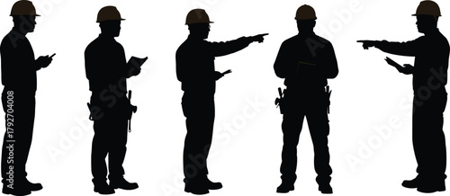 Construction worker silhouette illustration, hard hat poses, tool belt details, pointing and clipboard gestures, black and white, labor design