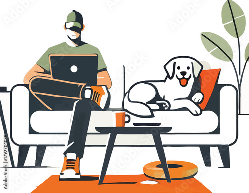 Man with laptop and dog on couch with coffee vector