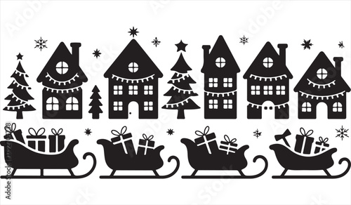 Christmas village and sleigh vector set with festive houses and gifts