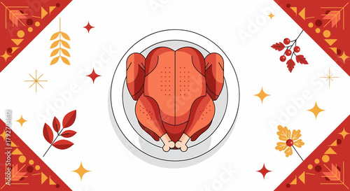 Festive Roasted Chicken Dinner With Geometric Autumn Decoration