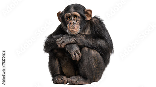 Black chimpanzee sitting with folded arms and head resting on hands primate mammal