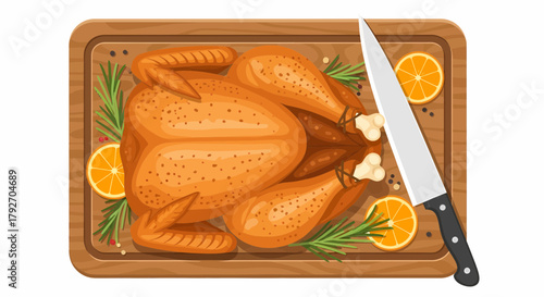 Festive Roasted Turkey Dinner With Citrus On Wooden Board