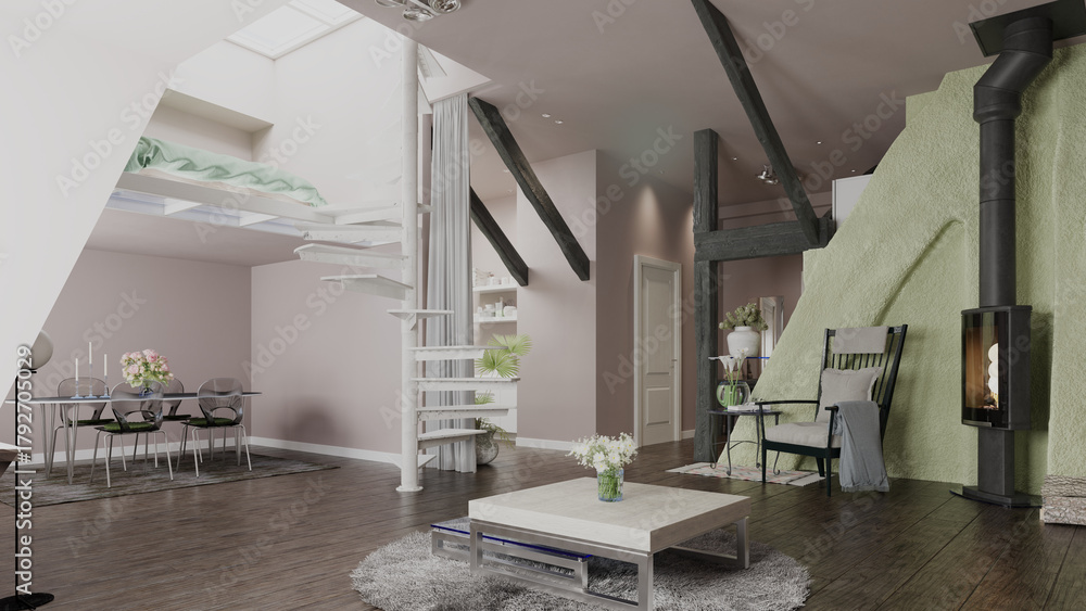 Naklejka premium 3D rendering of a modern loft apartment interior. Open plan living space with a spiral staircase and fireplace
