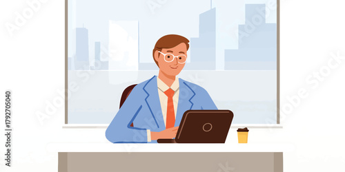 Man working on laptop at office desk with city view