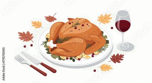 Festive Thanksgiving Dinner With Traditional Roasted Turkey Dish