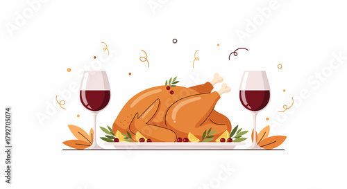 Festive Thanksgiving Dinner With Roasted Turkey And Red Wine