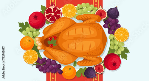 Festive Thanksgiving Feast With Roasted Turkey And Fruits
