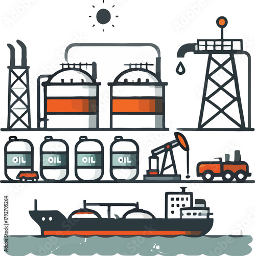 Oil refinery industrial complex with storage tanks pumpjack truck and tanker ship