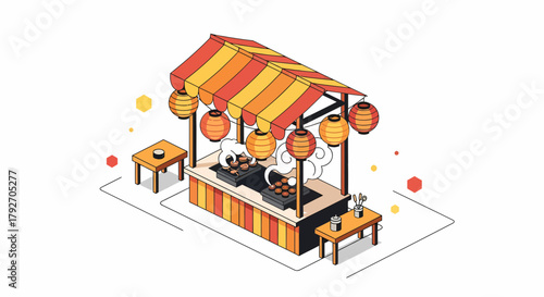 Isometric Asian Street Food Stall With Lanterns And Tables