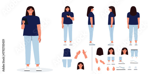 Detailed Vector Character Kit for a Modern Young Woman with Customizable Body Parts and Various Poses