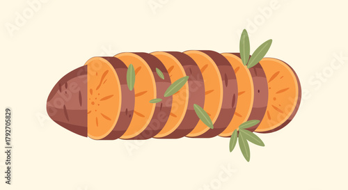Sliced Sweet Potato Illustration With Herb Leaves Composition