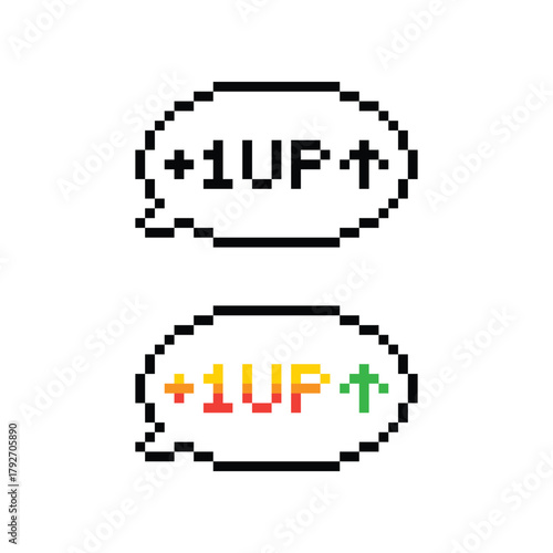 pixel 1 up icon. Vector pixel art level up 8 bit logo for game