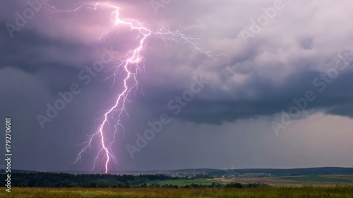 Powerful lightning striking ground during a severe summer thunderstorm, illuminating dark clouds and a rural landscape