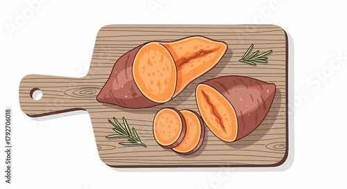 Sliced Sweet Potatoes Served On Wooden Cutting Board Illustration