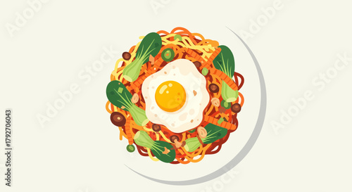 Stylized Noodle Dish With Bok Choy And Fried Egg Overhead View