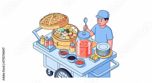 Street Food Vendor Cart With Assorted Dim Sum Illustration
