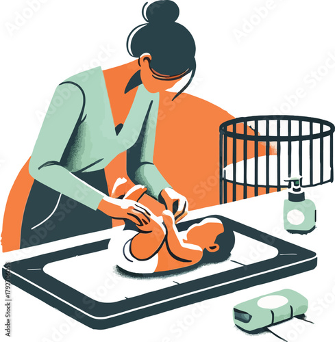 Person changing baby on changing table with crib and supplies