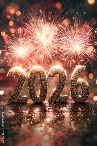 celebrate 2026 fireworks with glittering glowing golden numbers against sparkling bokeh firework background, sparkles, shiny, explosion, new years eve day, silvester, prosit, close up, portrait format