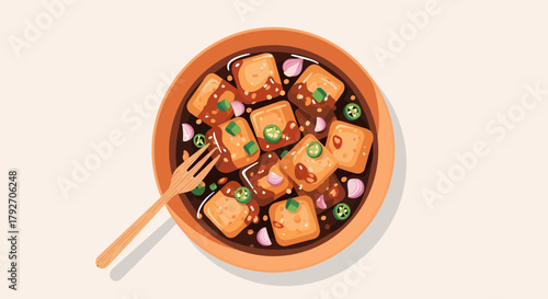 Tofu In Adobo Sauce With Chillies And Onion Slices Illustration