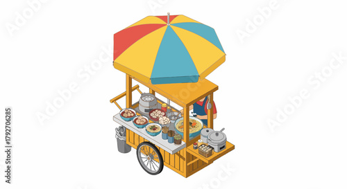 Traditional Food Cart With Colorful Umbrella On The Street