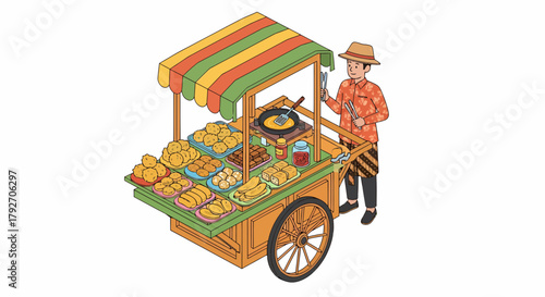 Unique Indonesian Street Food Vendor Selling Fried Dishes Illustration