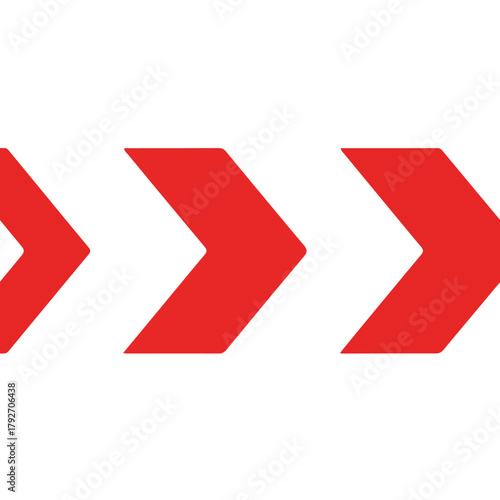 Three red arrows pointing right side by side indicating direction forward progress and movement on a white background