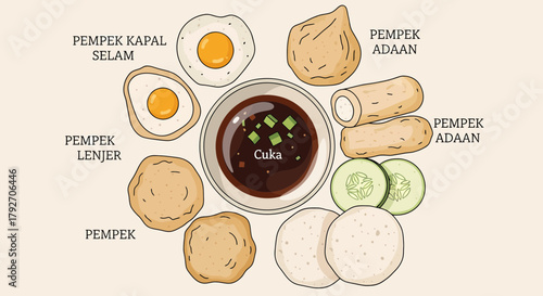 Various Traditional Pempek With Cuka Illustration On Light Background
