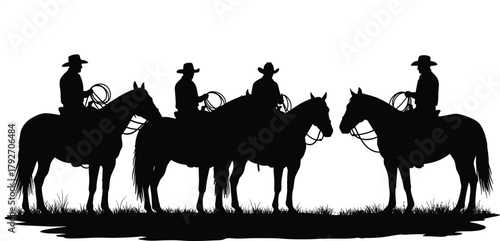 Cowboy silhouettes, horseback riders, Western scene, lasso action, ranch culture, black illustration, frontier style, wild west, country life, iconic pose