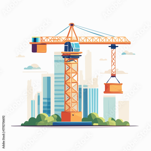Construction crane in a city with skyscrapers and green trees, symbolizing urban development and progress