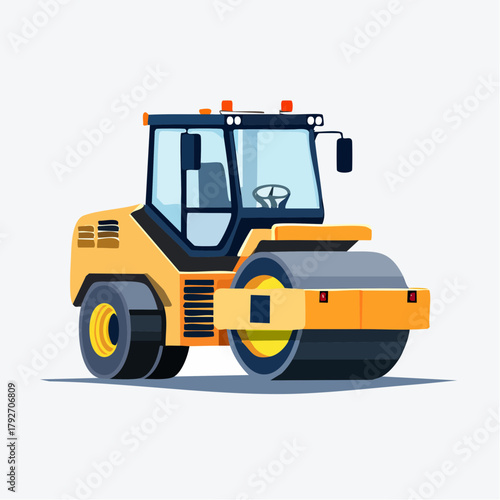 Robust road roller illustration for infrastructure development, highlighting heavy machinery and powerful compaction capabilities on construction sites