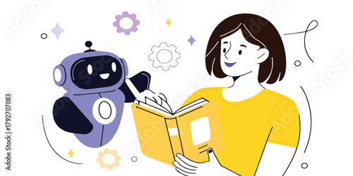 Woman Learning From AI Robot and Book Vector Illustration