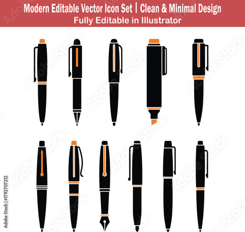 Minimal flat 2D vector pen icon set featuring ballpoint, gel, marker, fountain, and calligraphy designs