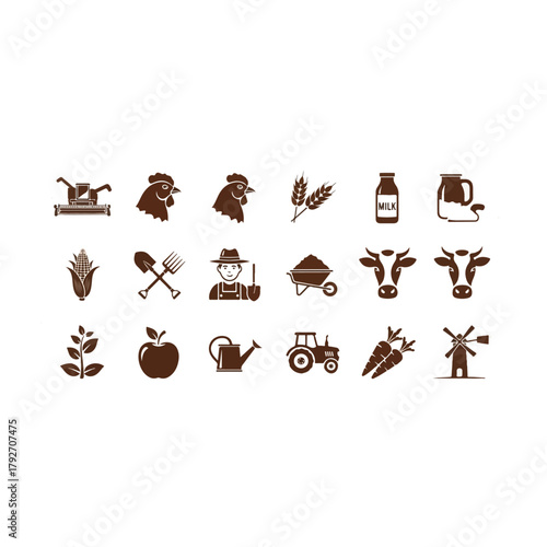 Vector Icon Set Agriculture Farm Life Objects and Symbols Including Farmer Tractor Plants Animals and Tools