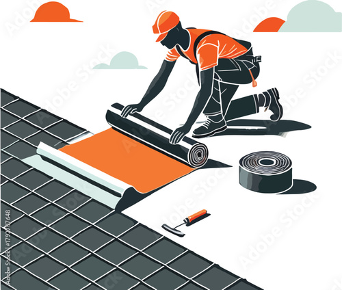 Roofer installing orange membrane on grey tiled roof