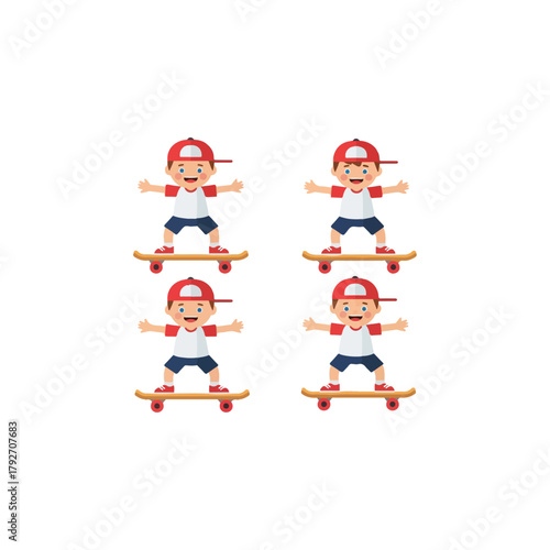 Cute cartoon boy in red cap and t-shirt skateboarding happily with arms outstretched joyful kid on skateboard